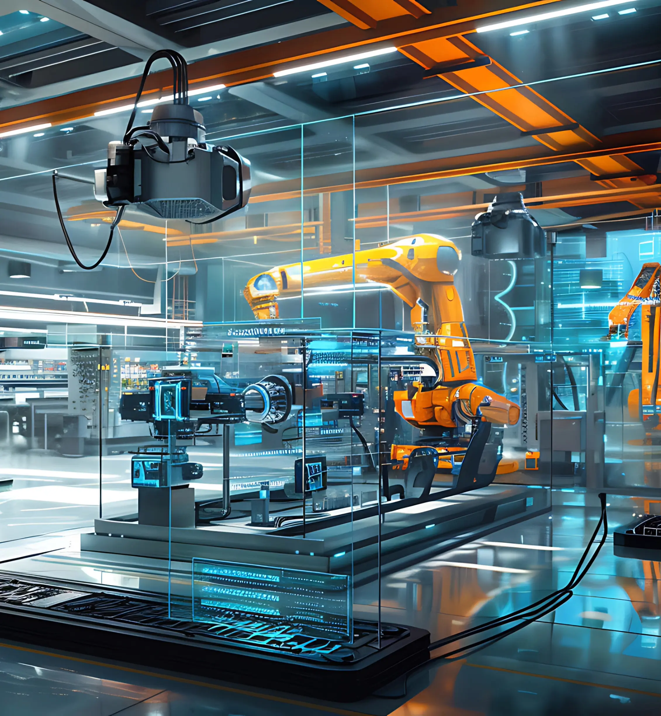 High tech looking image of factory running an industry 4.0 architecture with robotic arms. 